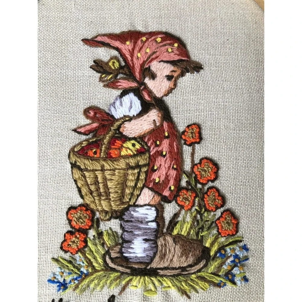 Vintage Finished Hummel Girl ‎ Framed Oval Picture Needlepoint 10 X 13 in